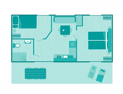 Plan des Mobilheims für 4/6 Personen mit 2 Schlafzimmern und Klimaanlage für Personen mit eingeschränkter Mobilität zugänglich