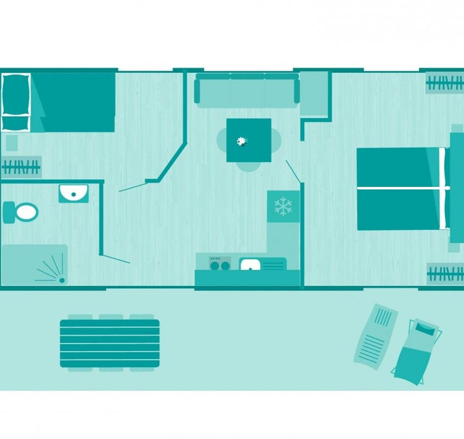 Plan des Mobilheims für 4/6 Personen mit 2 Schlafzimmern und Klimaanlage für Personen mit eingeschränkter Mobilität zugänglich 
