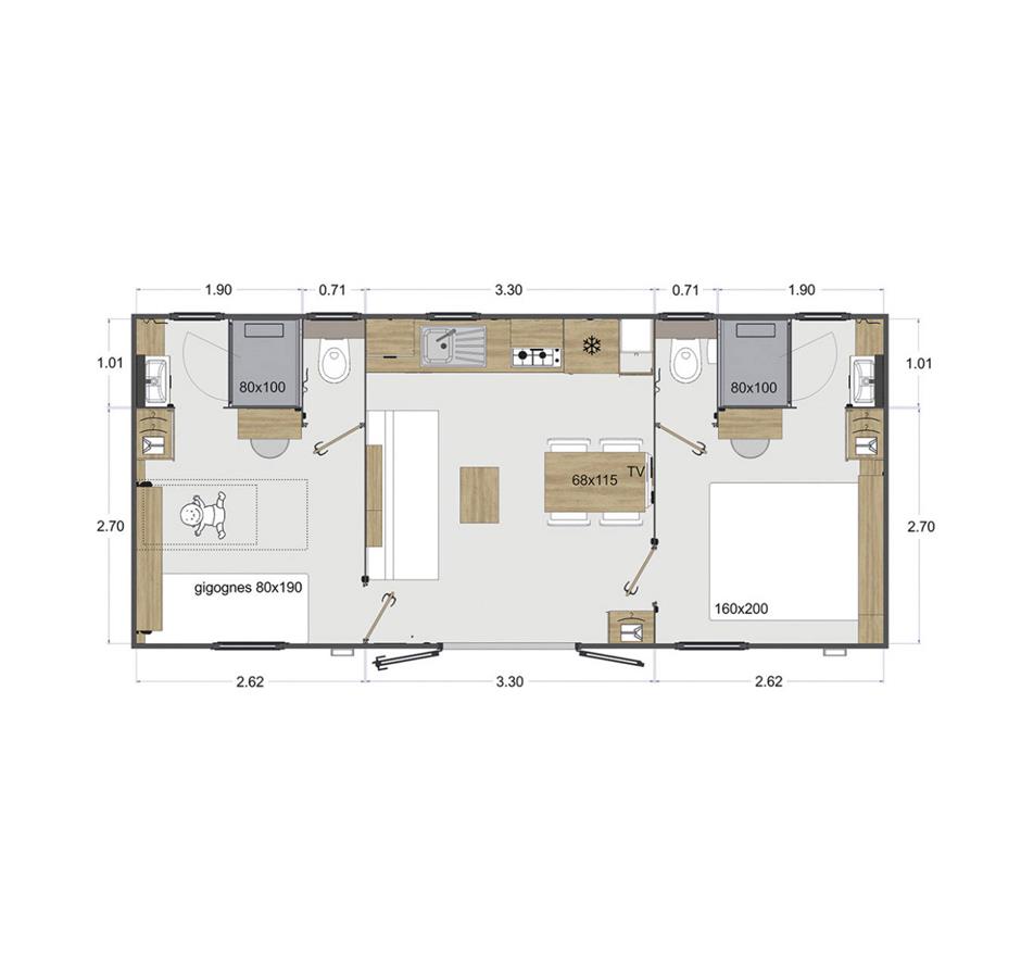 Plan des Cottages 4 Personen 2 Schlafzimmer 2 Badezimmer 4 Blumen 