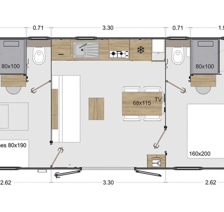 Plan des Cottages 4 Personen 2 Schlafzimmer 2 Badezimmer 4 Blumen 