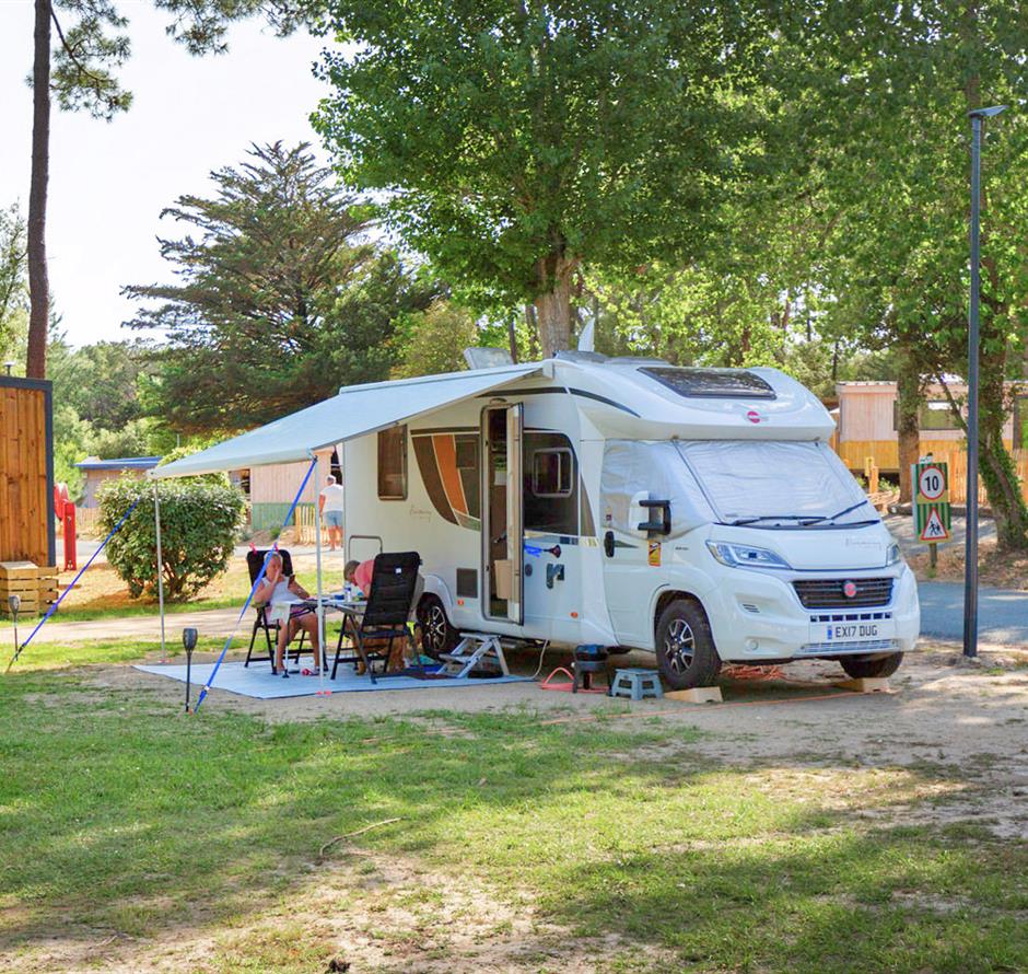 Kahle Stellplätze mit Strom 2 Blumen auf Camping Les Sirènes 