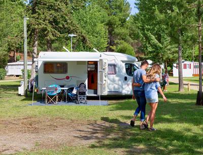 Kahle Stellplätze mit Strom 2 Blumen auf Camping Les Sirènes